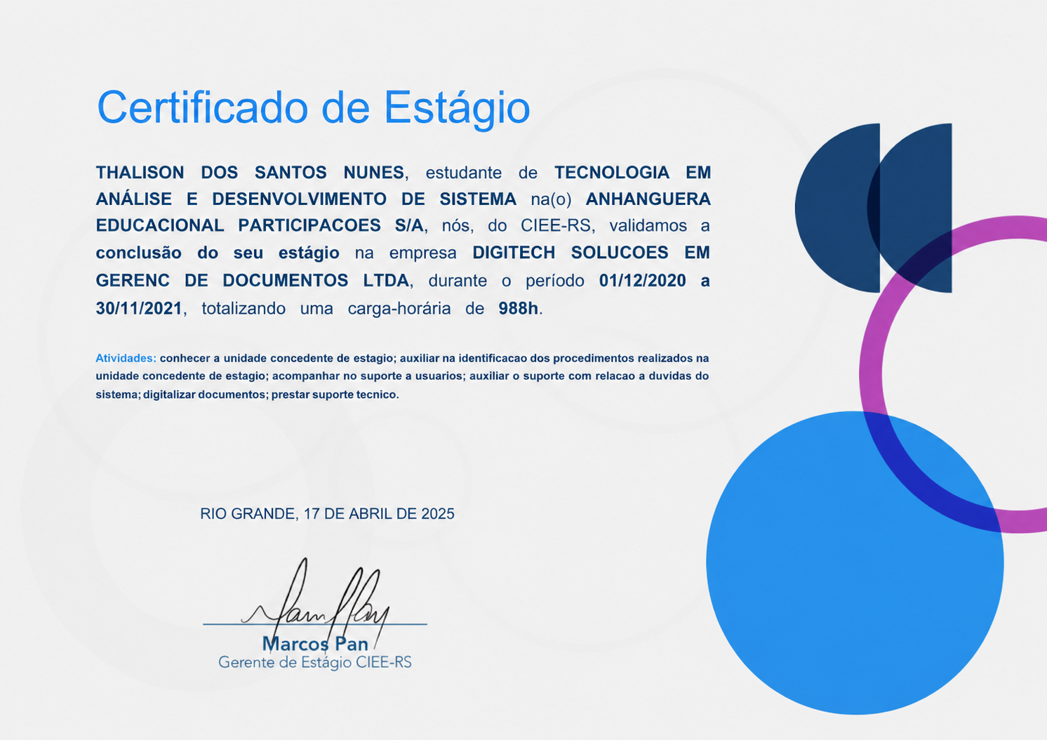 Certificado Conclusão de Estágio